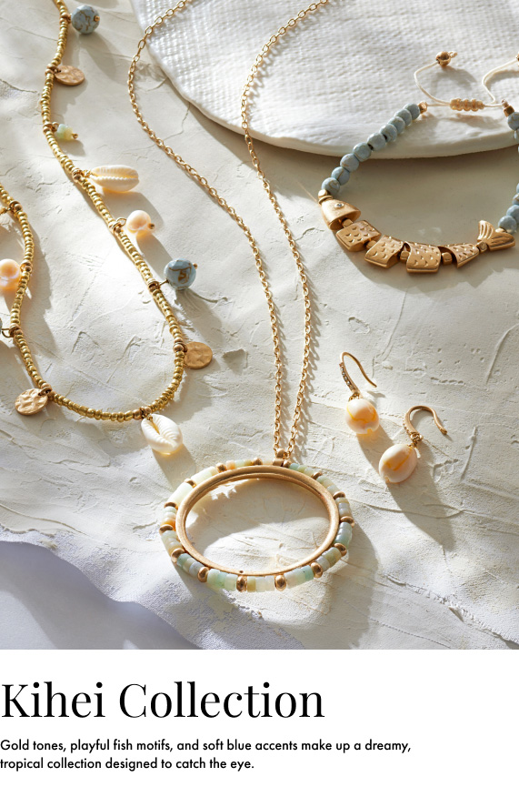 Kihei Collection. Gold tones, playful fish motifs, and soft blue accents make up a dreamy tropical collection designed to catch the eye.